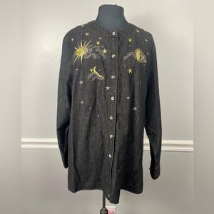 Vintage Quaker Factory celestial sun and mom denim chambray button down large